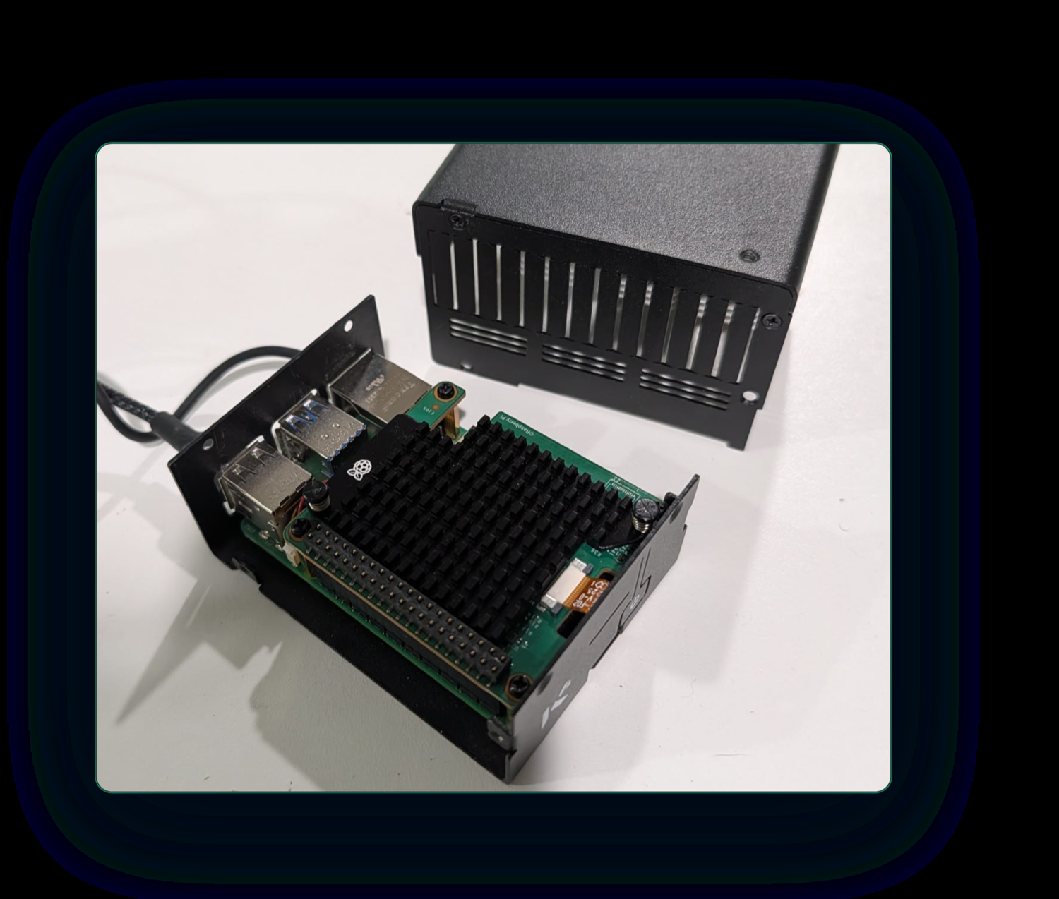 The RadarFlow appliance — a Raspberry Pi 5 beside its sealed enclosure