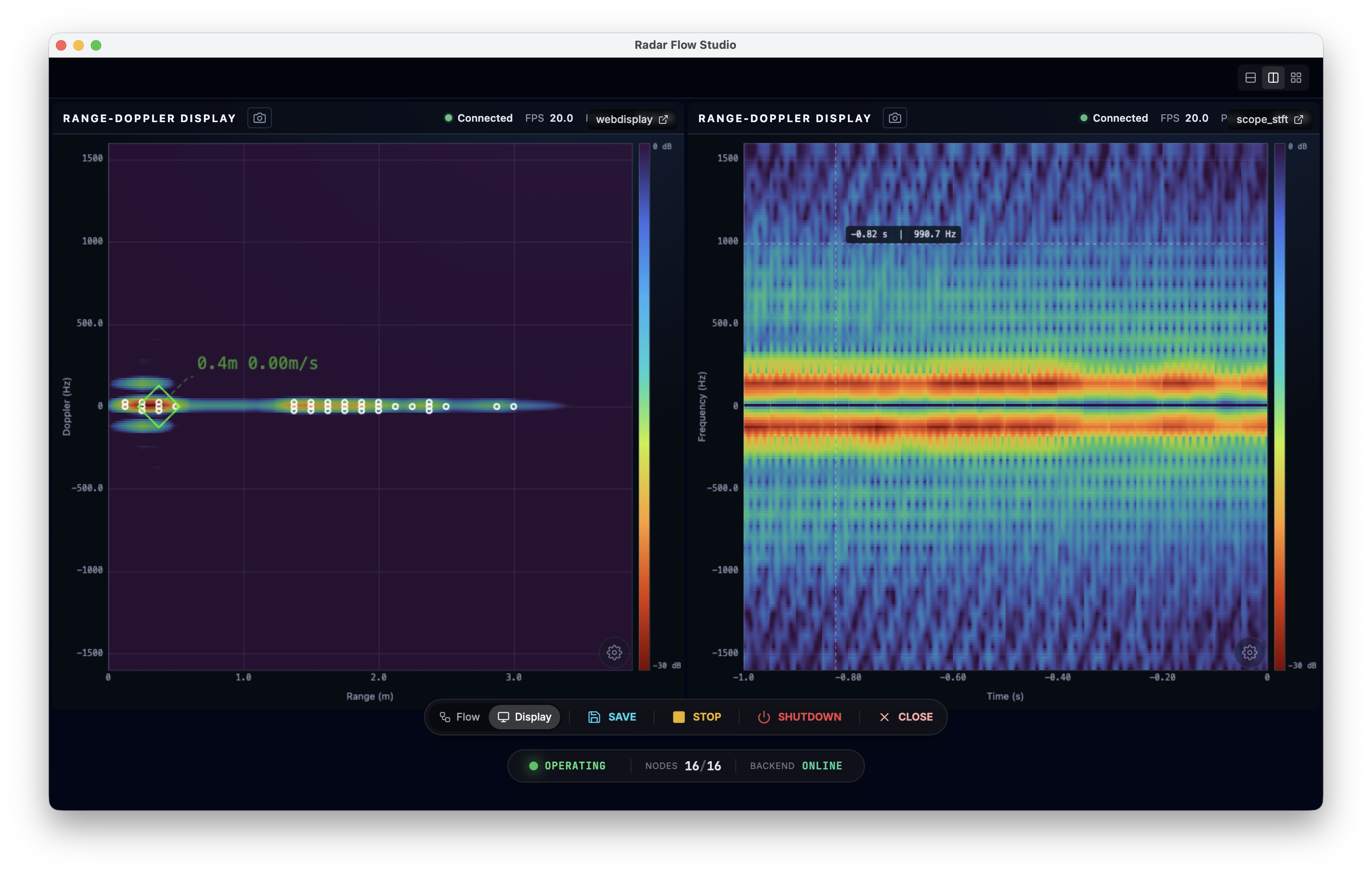 RadarFlow dual display showing pipeline and real-time target tracking